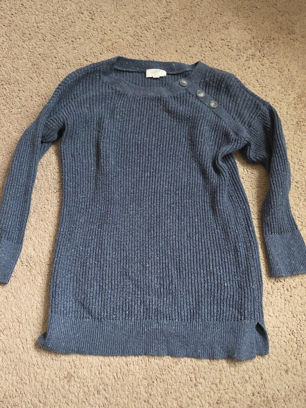 LOFT Navy Ribbed Scoop-Neck Sweater with Shoulder Buttons